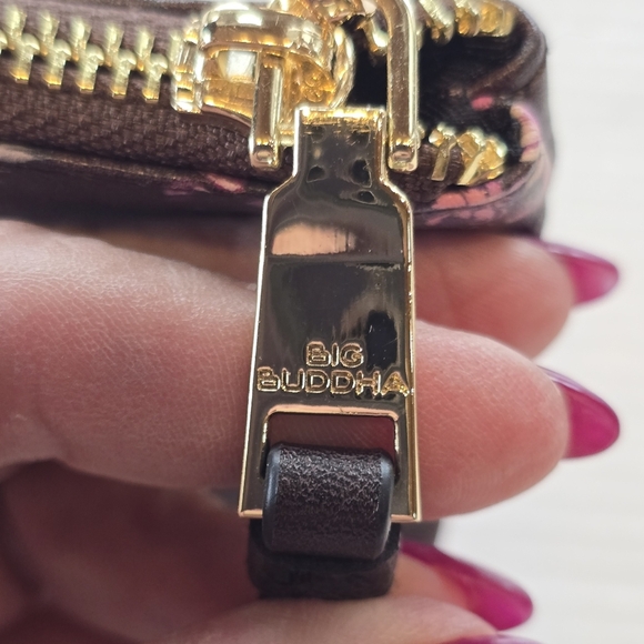 Big Buddah Faux Leather Brown Pink Floral Wristlet Pouch - Picture 6 of 7